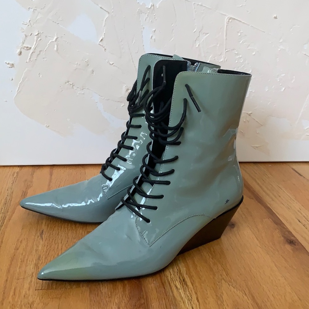 Calvin Klein runway patent blue western bootie